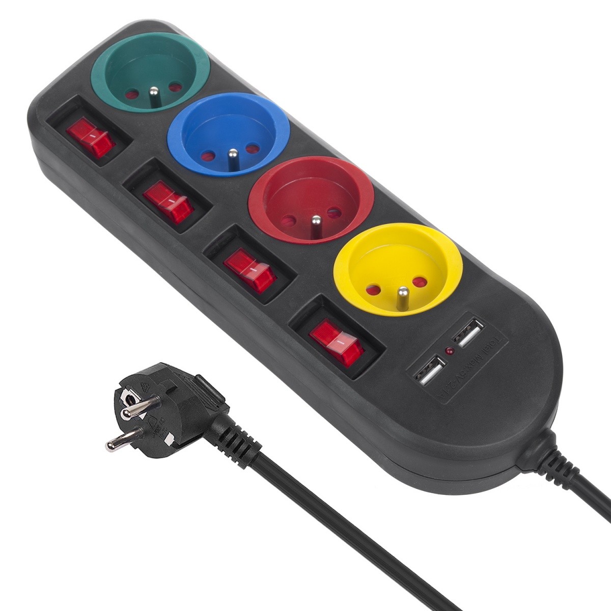 Listwa zasilająca Maclean  4 gniazda z wyłącznikami + 2 x USB  Czarna
