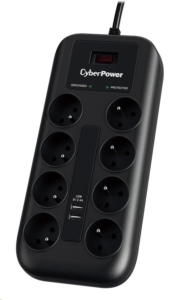 Listwa zasilająca CyberPower Surge Buster  8 gniazd + 2 x USB 2.4A  1,8m  Czarna