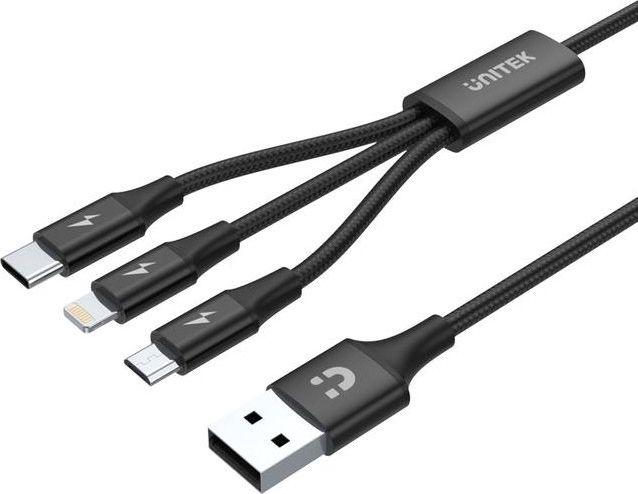 Kabel USB 2.0 na USB-C, microUSB, oraz Lightning  1.0 m  Nylon  Unitek  Czarny