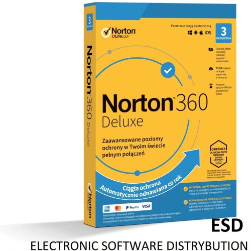 Norton 360 Deluxe 25GB   PL  1 Użytkownik  3 Urządzenia  3 Lata - Licencja elektroniczna ESD
