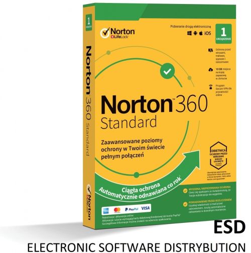 Norton 360 Standard 10GB   PL  1 Użytkownik  1 Urządzenie  1 Rok - Licencja elekrtoniczna ESD