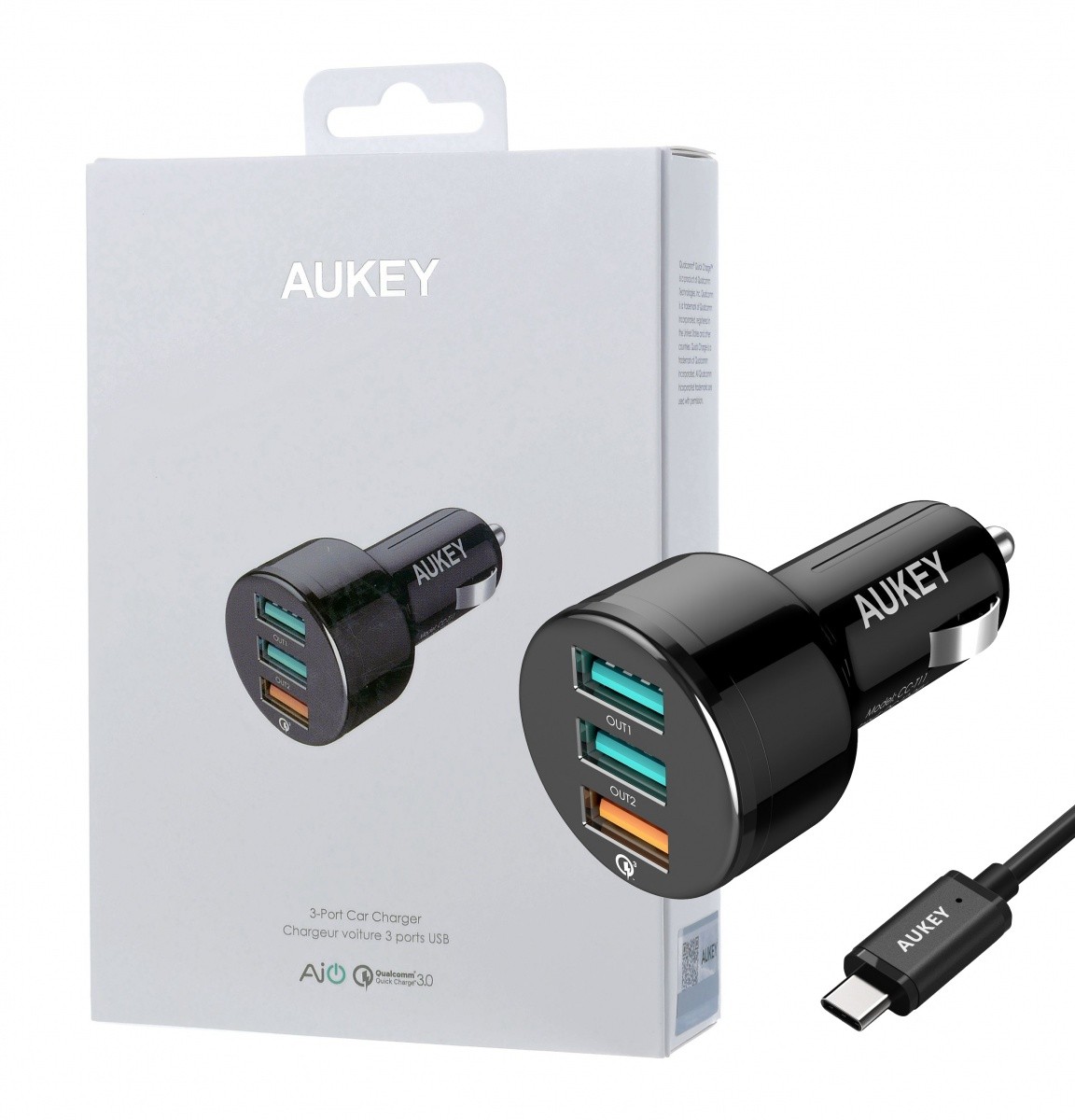 Ładowarka samochodowa  USB  42W  3 porty  QC 3.0 + kabel USB-C  Aukey