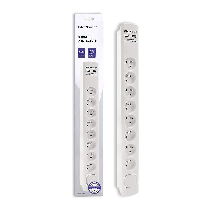 Listwa zasilająca Qoltec  8 gniazd  2 x USB  1.8m  Biała