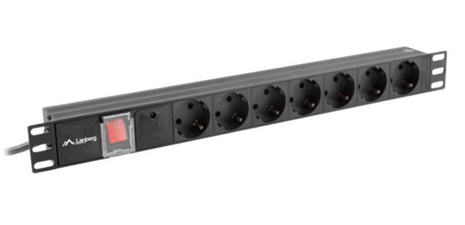 Listwa zasilająca Lanberg Rack 19" 1U 250V/10A  2500W  7 x Schuko ; wtyk IEC C14  2.0 m  czarna