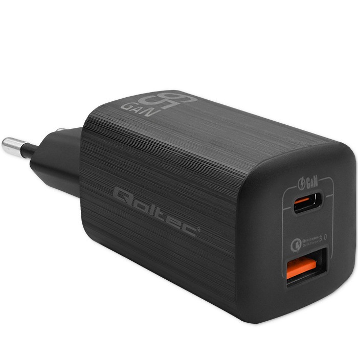 Ładowarka sieciowa  USB  GaN  65W 1 x USB Type-C + USB A PD  Qoltec  Czarna