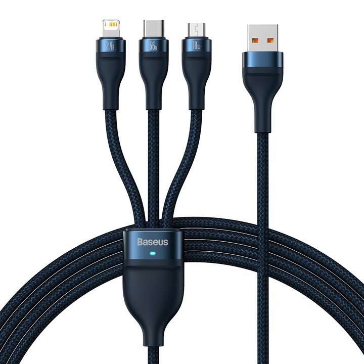Kabel USB 2.0 na USB-C, microUSB, oraz Lightning  1.2 m  66W  Baseus  Czarny