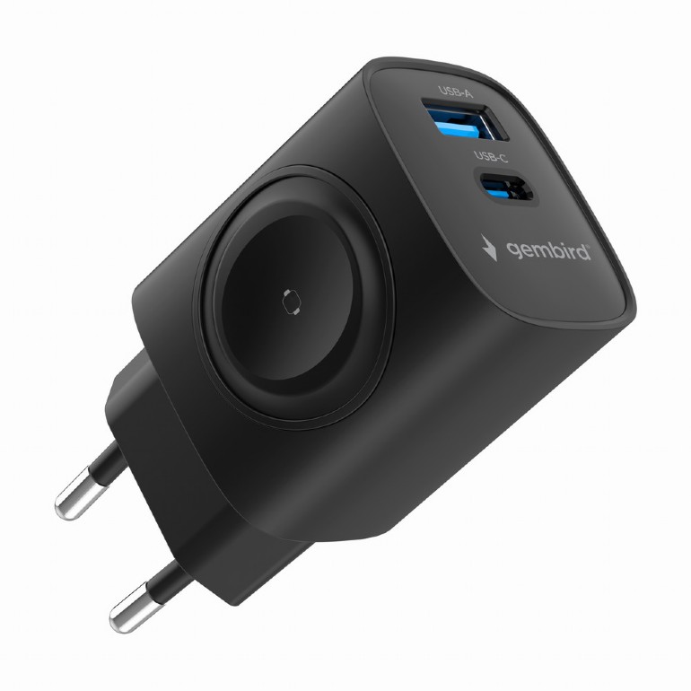 Ładowarka sieciowa  USB  20W  1 x USB Type-C + 1 port USB-A + Apple Watch  QC 3.0  Gembird  Czarna