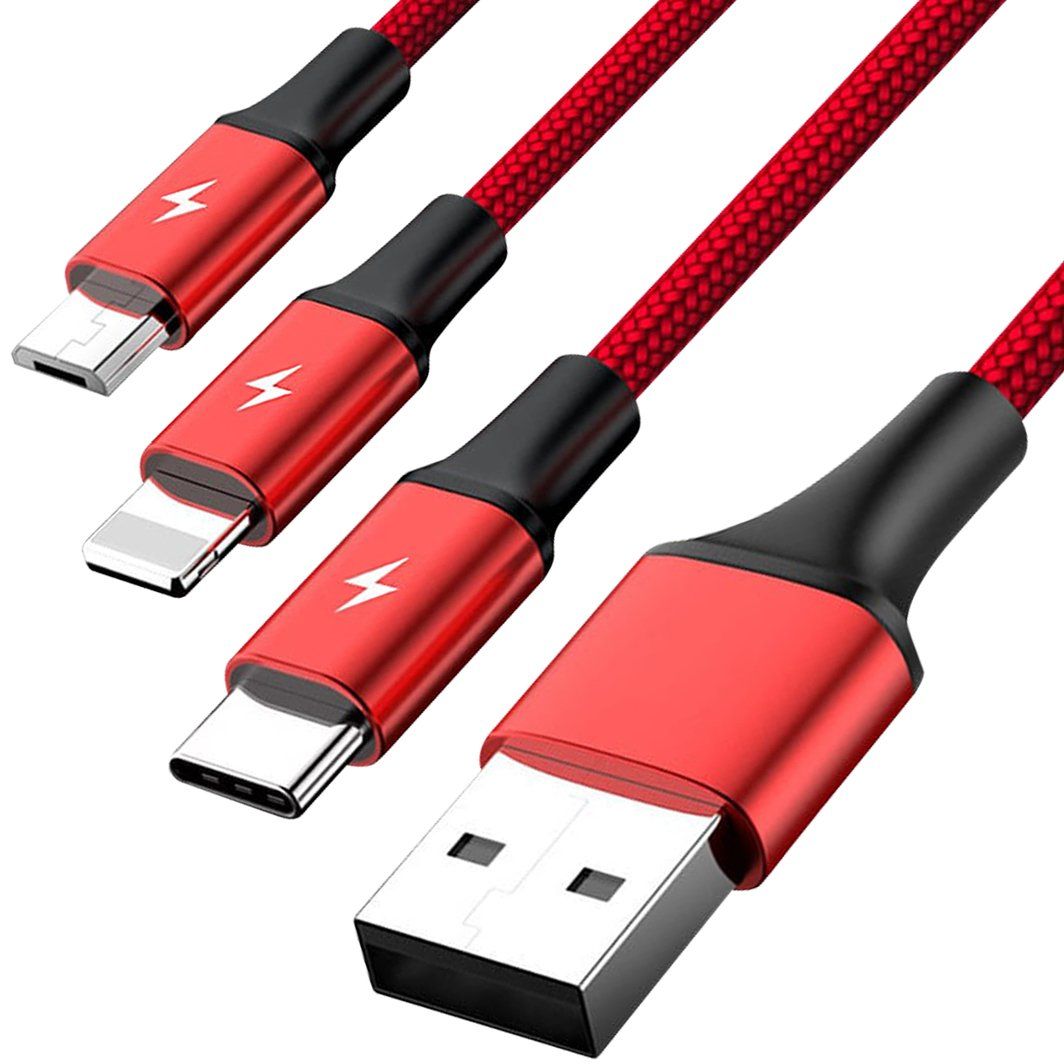 Kabel USB 2.0 na USB-C, microUSB, oraz Lightning  1.0 m  Nylon  Unitek  Czerwony