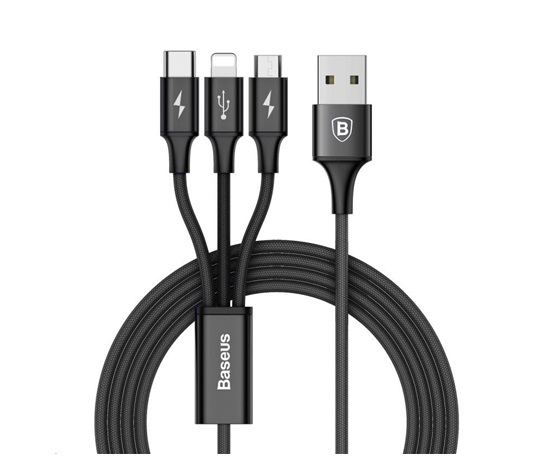 Kabel USB 2.0 na USB-C, microUSB, oraz Lightning  1.2 m  Baseus  Czarny