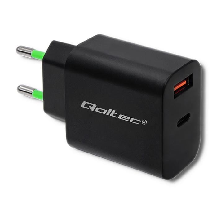 Ładowarka sieciowa  USB  18W  1 x USB Type-C + 1 x USB A  QC 3.0  Qoltec  Czarna