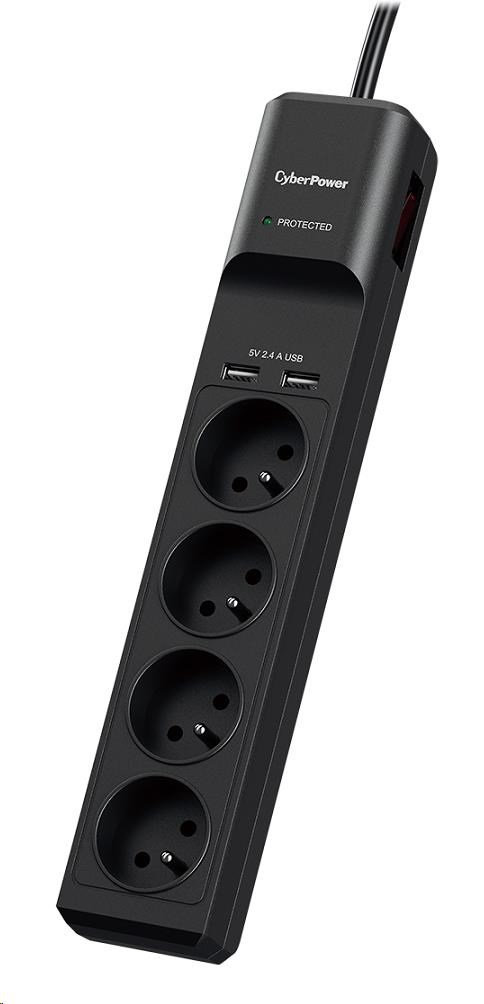 Listwa zasilająca CyberPower Surge Buster  4 gniazda + 2 x USB 2.4A  1,8m  Czarna