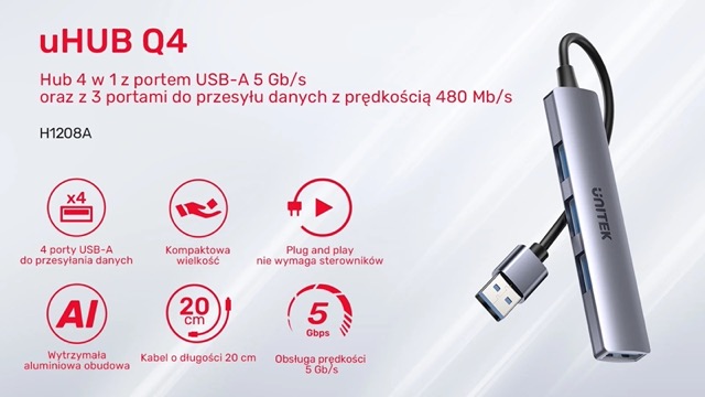 HUB USB 3.0  4 portowy  1xUSB3.0 3xUSB2.0 Unitek - obrazek 5