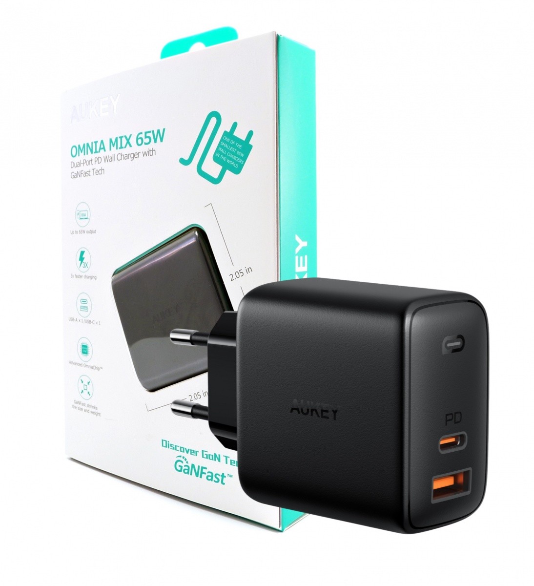 Ładowarka sieciowa USB GaN 65W 1 x USB Type-C + USB A PD Aukey Czarna - obrazek 2