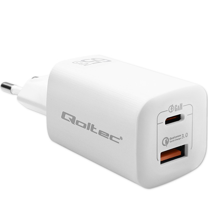 Ładowarka sieciowa  USB  GaN  65W 1 x USB Type-C + USB A PD  Qoltec  Biała