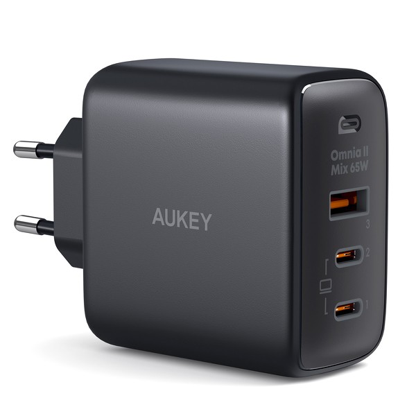 Ładowarka sieciowa  USB  GaN  65W 2 x USB Type-C  PD  Aukey  Czarna