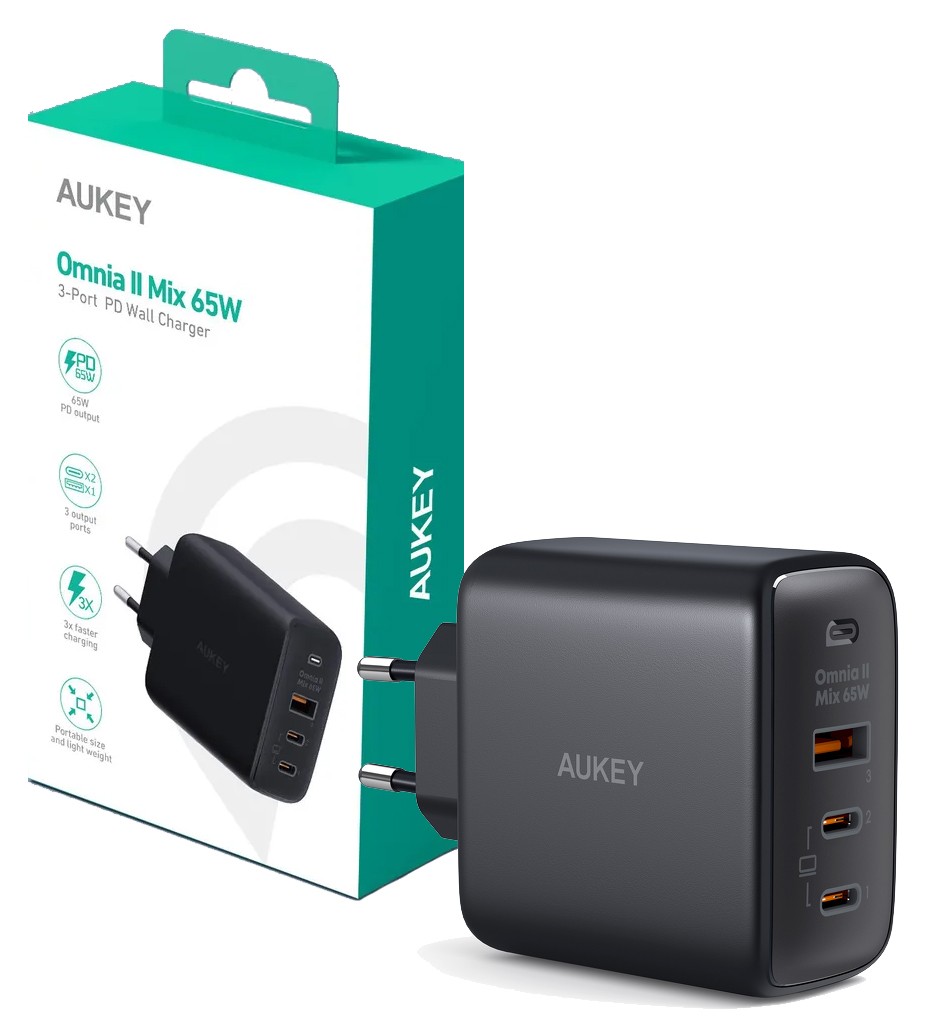 Ładowarka sieciowa USB GaN 65W 2 x USB Type-C PD Aukey Czarna - obrazek 3