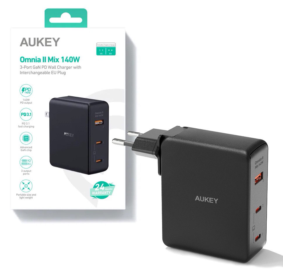 Ładowarka sieciowa USB GaN 170W 2 x USB Type-C + 1 x USB A PD Aukey Czarna - obrazek 2