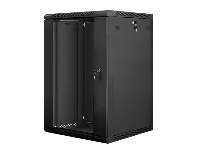Szafa wisząca rack 19" 18U 600x600mm czarna (drzwi przednie szklane) Lanberg