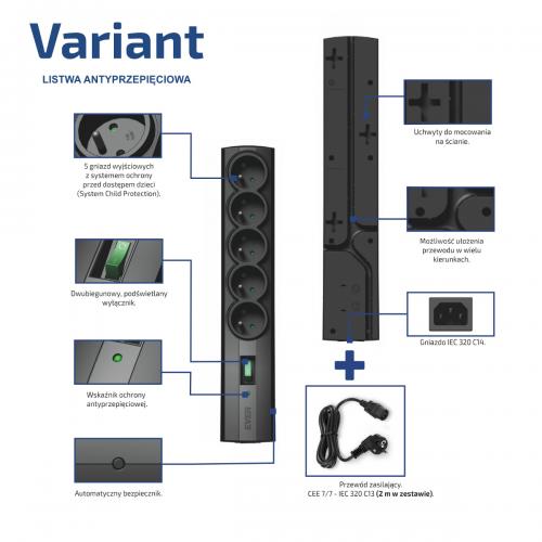 Listwa zasilająca Ever Home/Office SurgeArrest Variant 5 gniazd 2.0m - obrazek 2