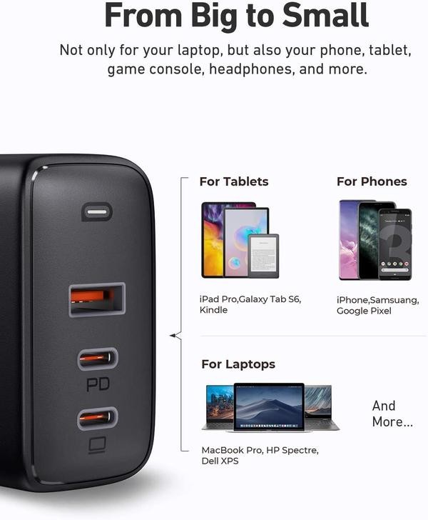 Ładowarka sieciowa USB GaN 90W 1 x USB Type-C + 2 x USB A PD Aukey Czarna - obrazek 2