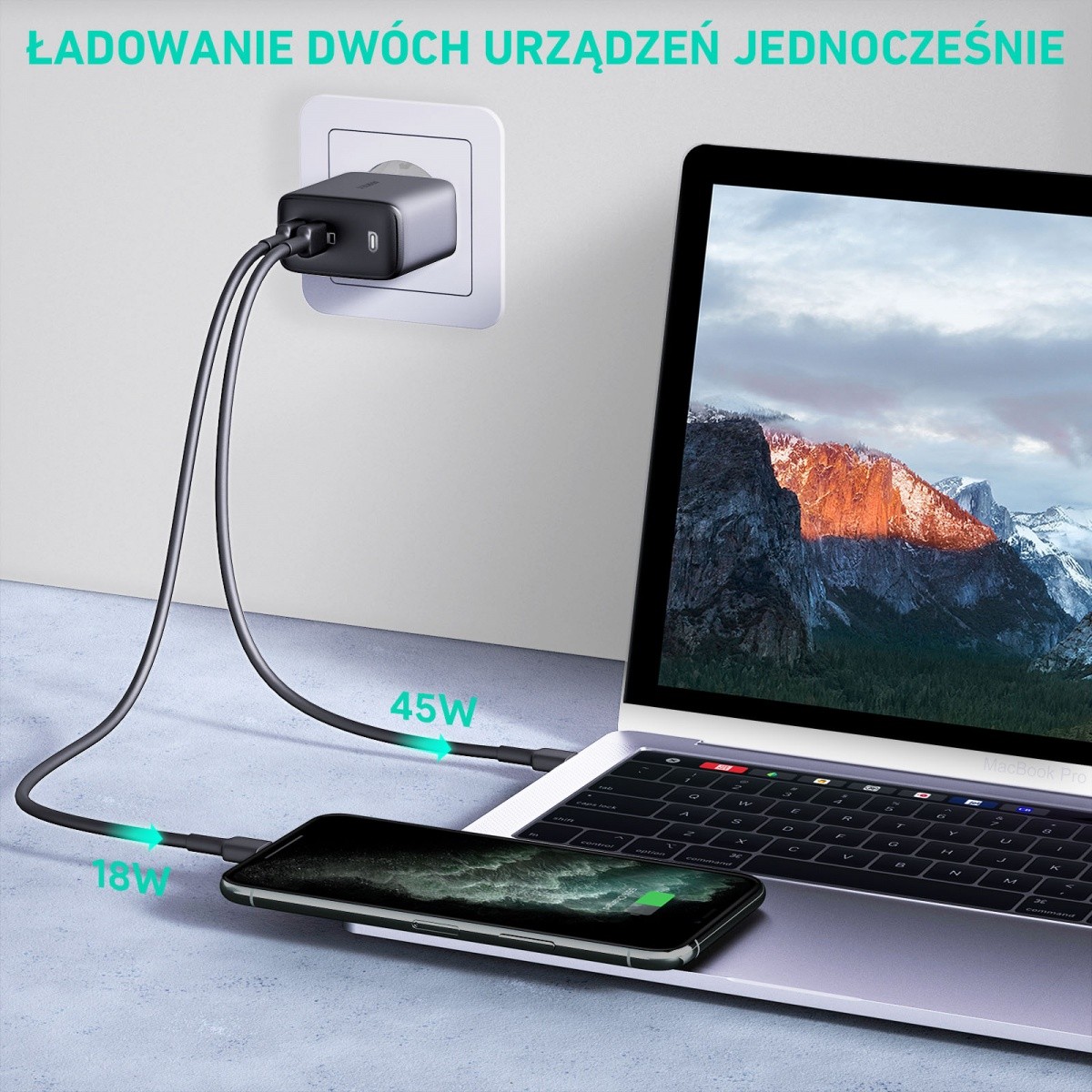 Ładowarka sieciowa USB GaN 65W 2 x USB Type-C PD Aukey Czarna - obrazek 3