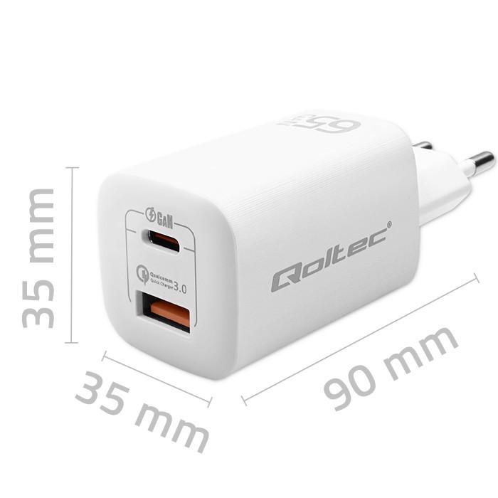 Ładowarka sieciowa USB GaN 65W 1 x USB Type-C + USB A PD Qoltec Biała - obrazek 2