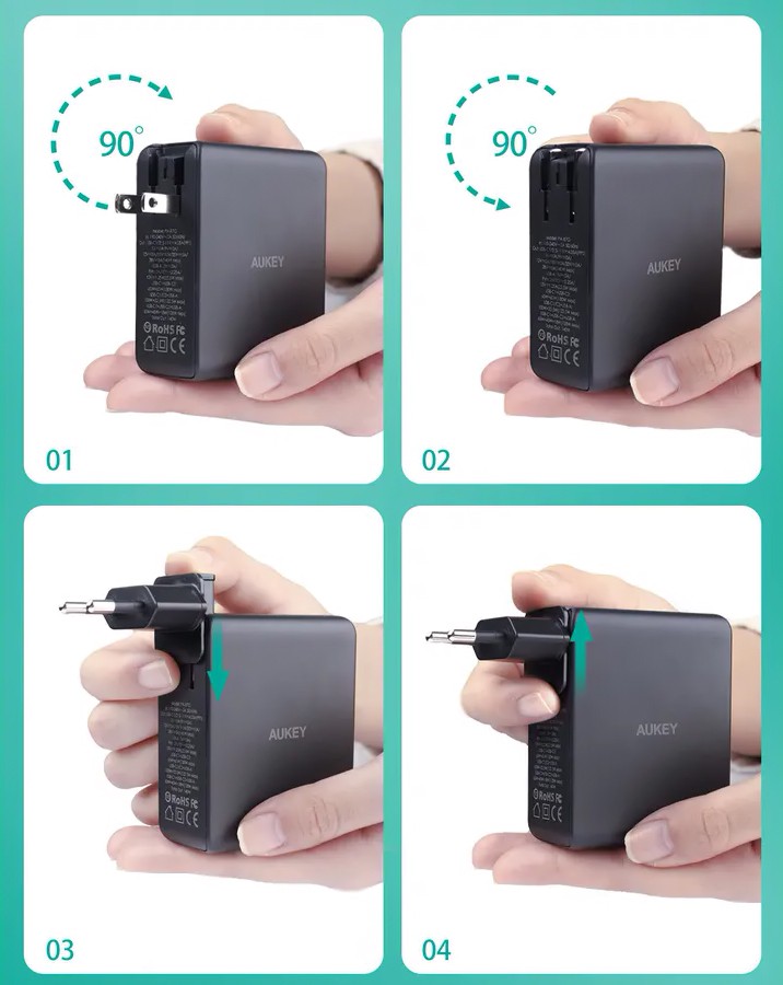 Ładowarka sieciowa USB GaN 170W 2 x USB Type-C + 1 x USB A PD Aukey Czarna - obrazek 4