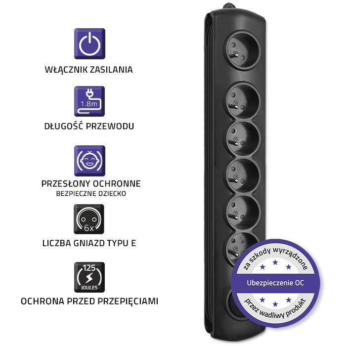 Listwa zasilająca Qoltec 6 gniazd 3.0m Czarna - obrazek 2