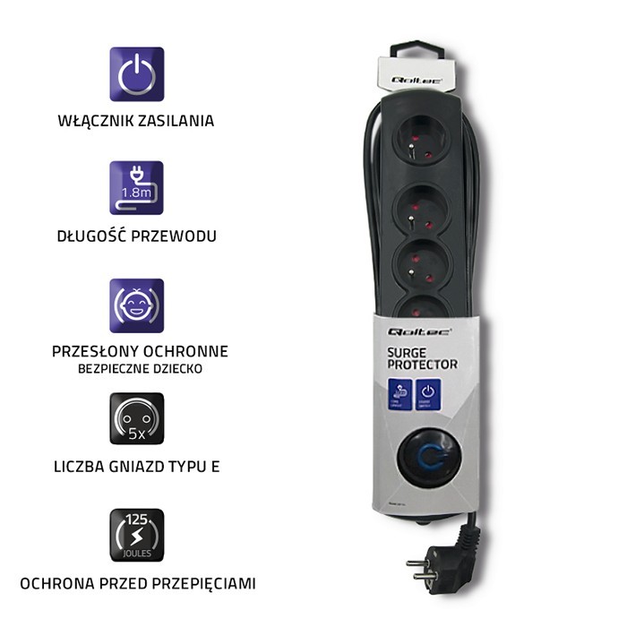 Listwa zasilająca Qoltec 5 gniazd 3.0m Czarna - obrazek 5