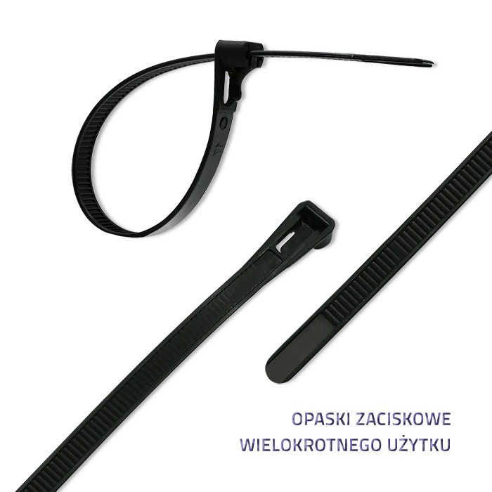 Opaski zaciskowe wielorazowe 250mm x 7,2mm (100 szt.)  Czarne
