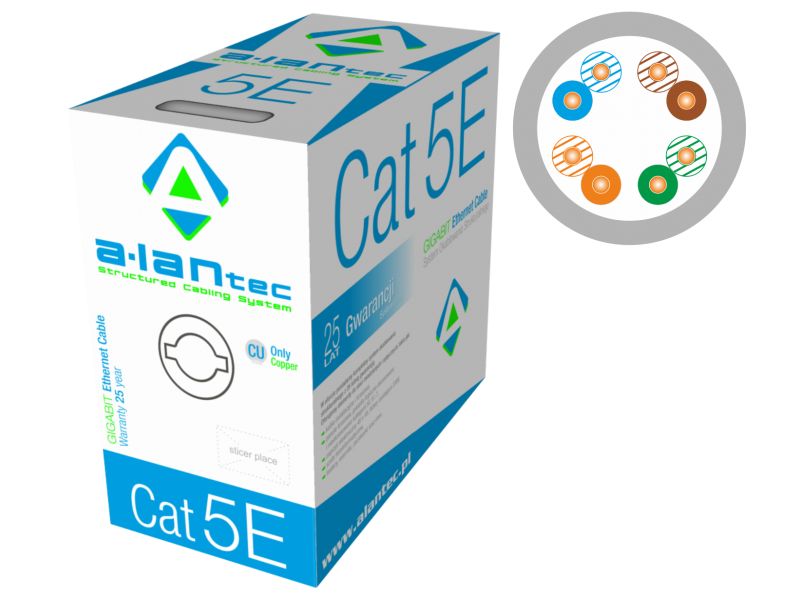 Kabel sieciowy UTP skrętka, Drut 305 m kat. 5E CU Szary Alantec