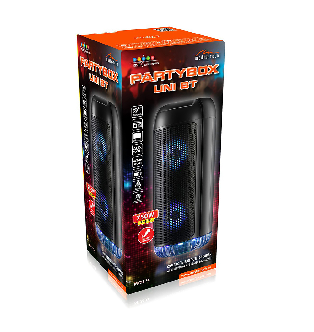 Głośnik Bluetooth Media-Tech Partybox UNI BT - 750W PMPO, karaoke, wyświetlacz LED, FM, AUX, USB, microSD, MP3 - obrazek 2