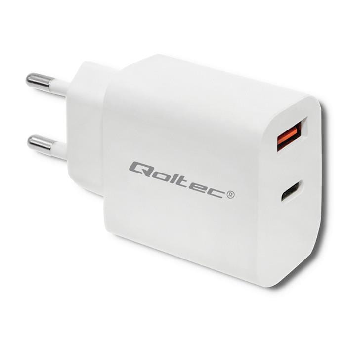 Ładowarka sieciowa  USB  18W  1 x USB Type-C + 1 x USB A  QC 3.0  Qoltec  Biała