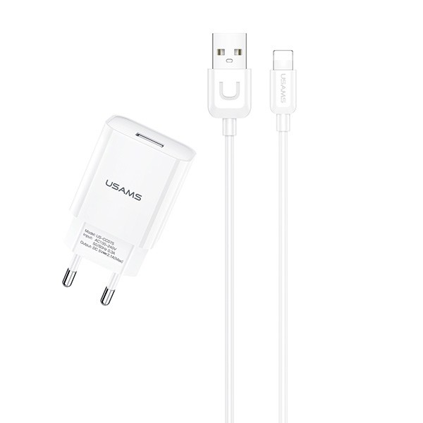 Ładowarka sieciowa  USB   5V 2.1A + kabel Lightning  Usams  Biała