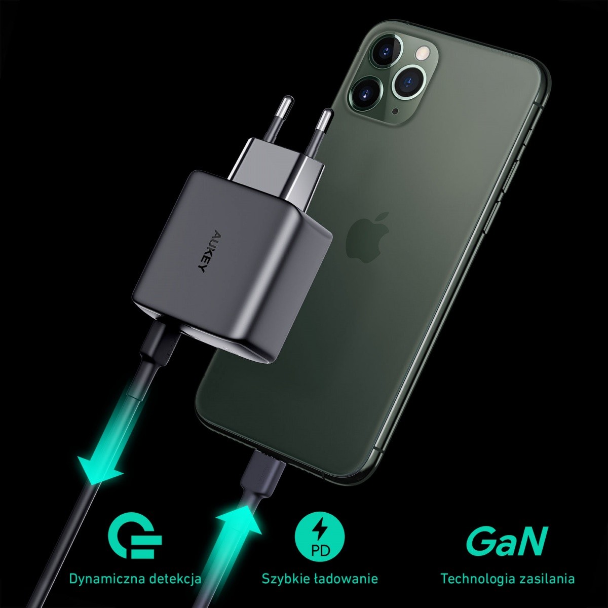 Ładowarka sieciowa USB GaN 65W 2 x USB Type-C PD Aukey Czarna - obrazek 4