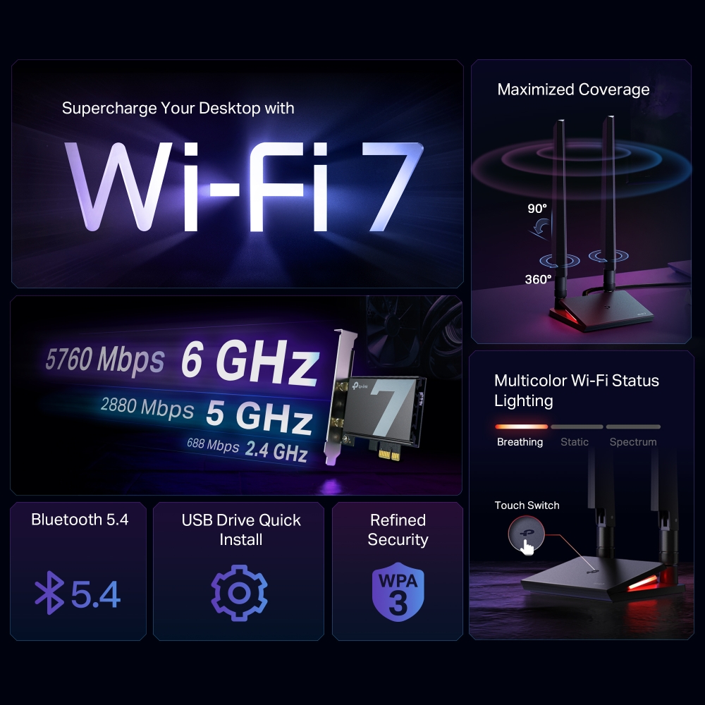 Bezprzewodowa karta sieciowa PCI Express Wi-Fi 7 BE9300 TP-Link Archer TBE550E Bluetooth 5.4 - obrazek 3