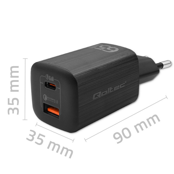 Ładowarka sieciowa USB GaN 65W 1 x USB Type-C + USB A PD Qoltec Czarna - obrazek 2
