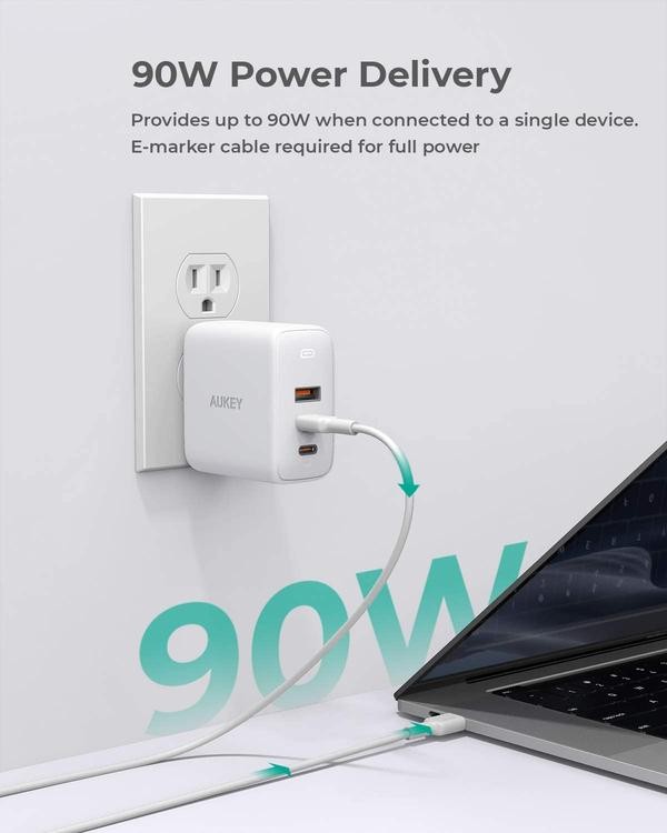 Ładowarka sieciowa USB GaN 90W 1 x USB Type-C + 2 x USB A PD Aukey Biała - obrazek 2