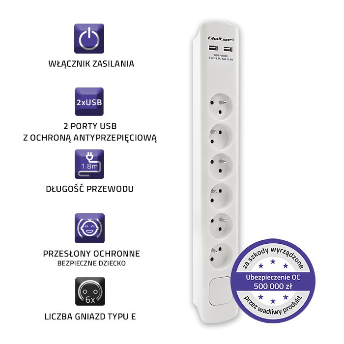 Listwa zasilająca Qoltec 6 gniazd 2 x USB 1.8m Biała - obrazek 2
