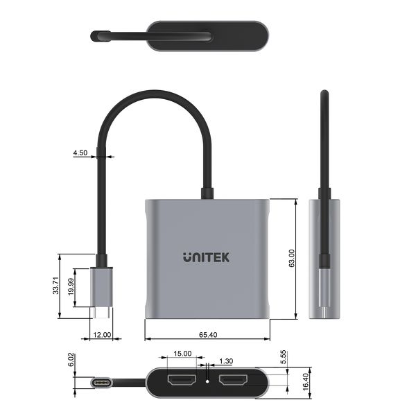 Adapter USB Type-C męski na 2 x HDMI żeński 4K 60Hz Unitek - obrazek 3