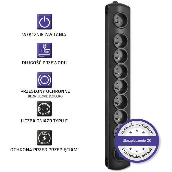 Listwa zasilająca Qoltec 8 gniazd 3.0m Czarna - obrazek 2