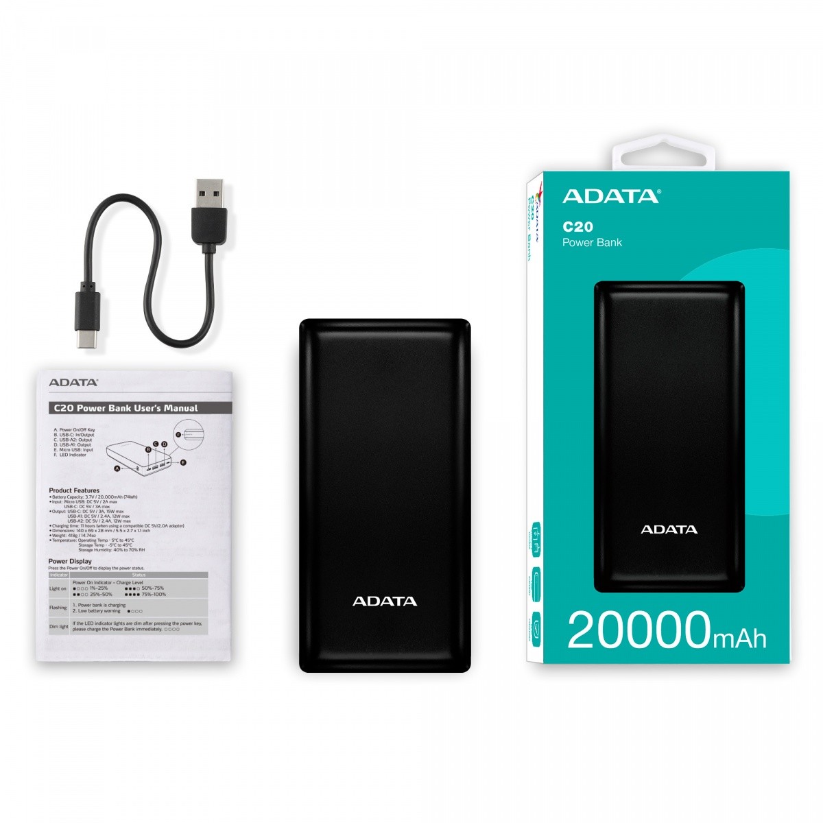 PowerBank Adata C20 20000mAh Czarny - obrazek 5