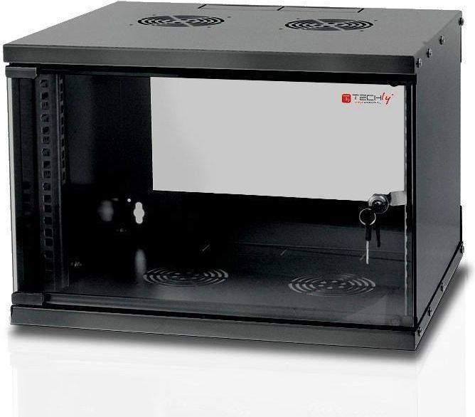 Szafa wisząca rack 19'' 6U 500x450 mm czarna (drzwi przednie szklane, zmontowana) Techly
