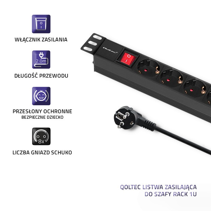 Listwa zasilająca Qoltec do Rack 19'' 1U 8 x SCHUKO 2.0 m - obrazek 5