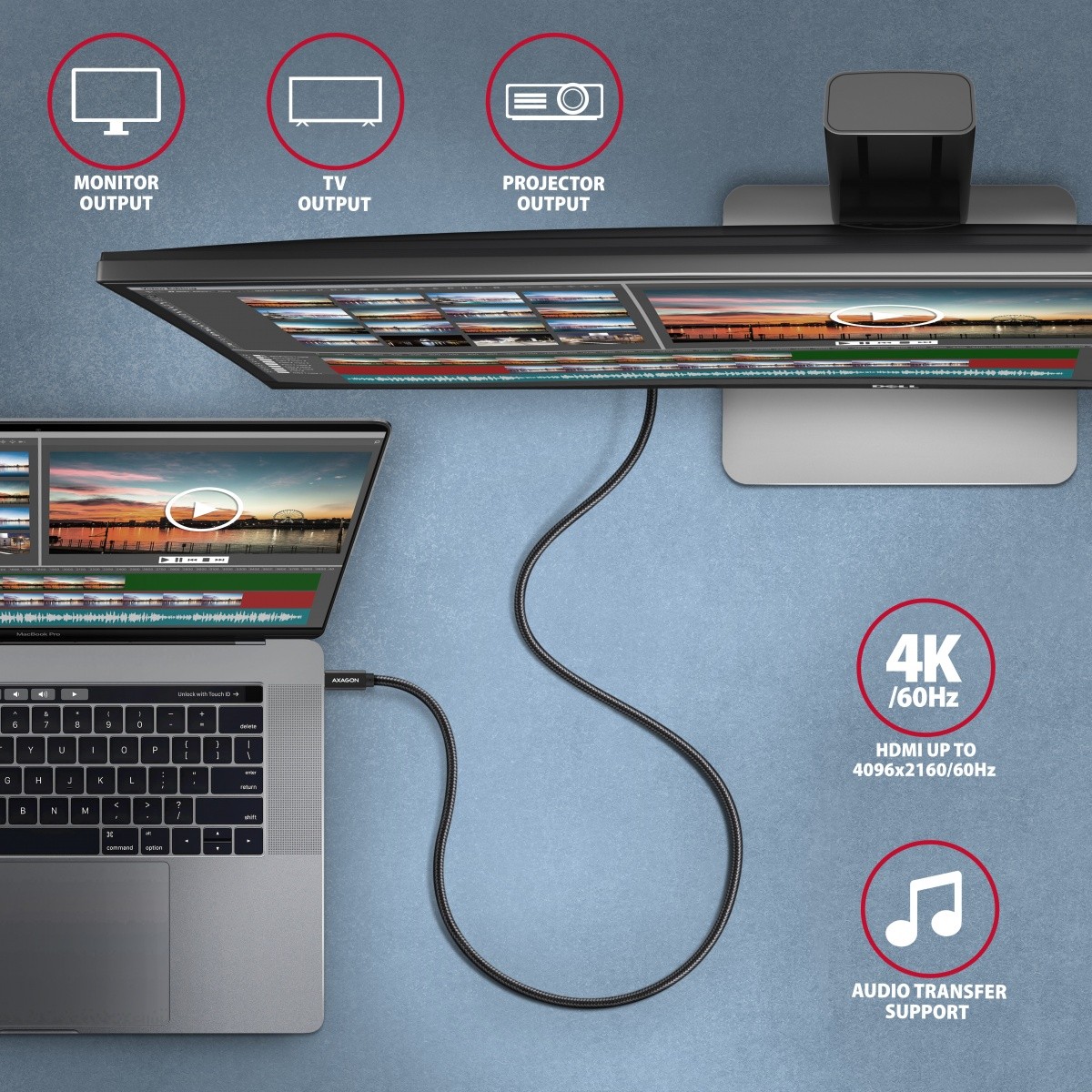 Kabel USB Type-C 1.0 m Axagon 100W 4K 20Gbps Oplot - obrazek 2