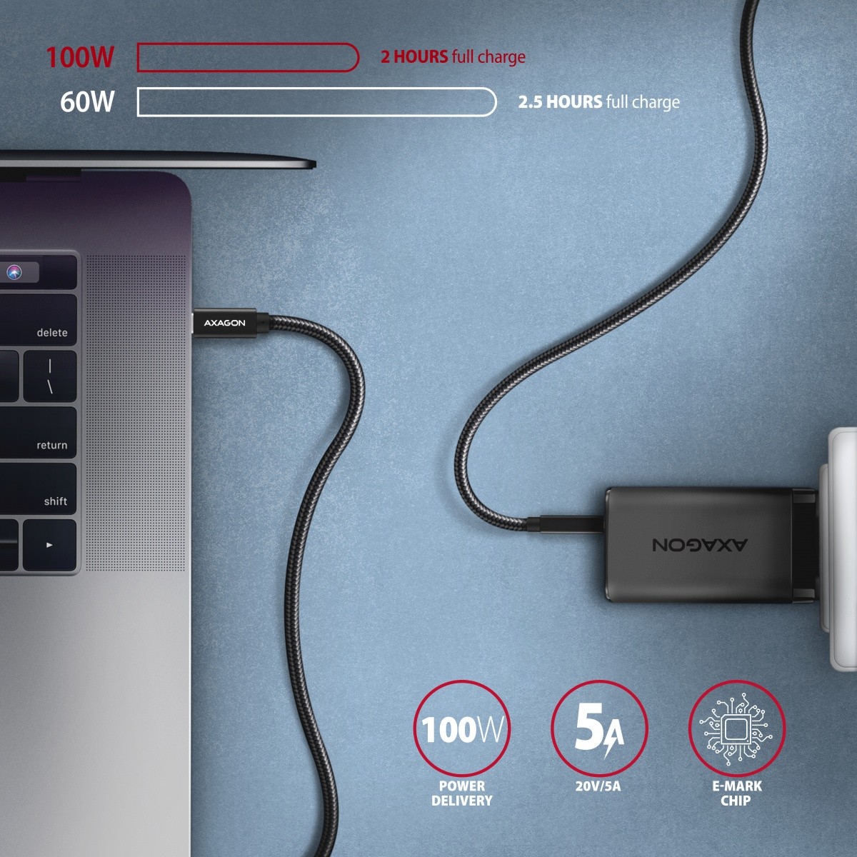 Kabel USB Type-C 1.0 m Axagon 100W 4K 20Gbps Oplot - obrazek 4