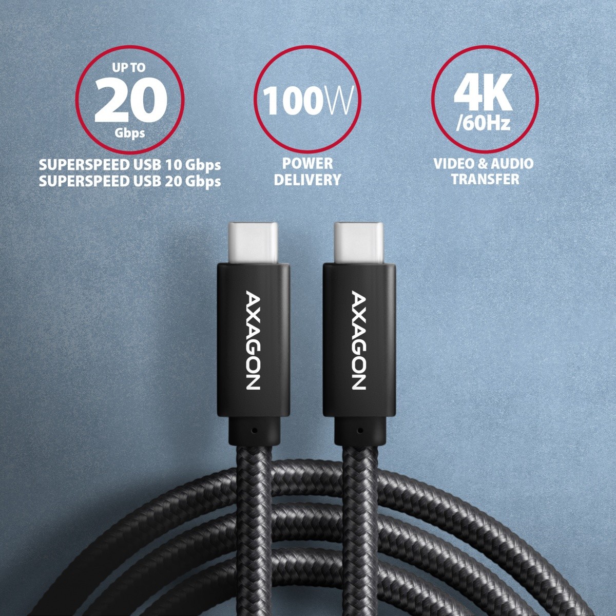 Kabel USB Type-C 1.0 m Axagon 100W 4K 20Gbps Oplot - obrazek 5