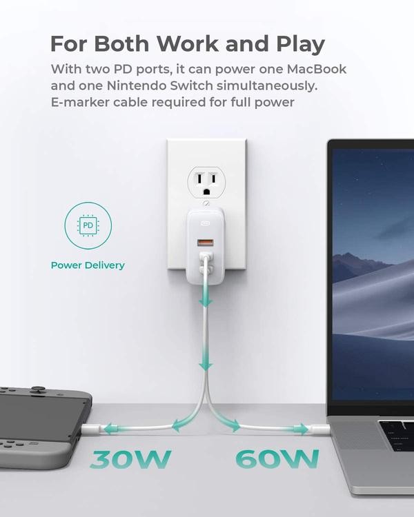 Ładowarka sieciowa USB GaN 90W 1 x USB Type-C + 2 x USB A PD Aukey Biała - obrazek 4