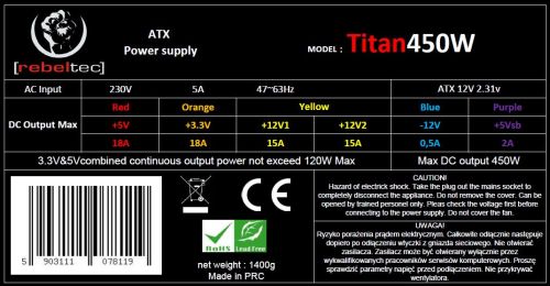 Zasilacz ATX 450W rebeltec Titan - obrazek 3