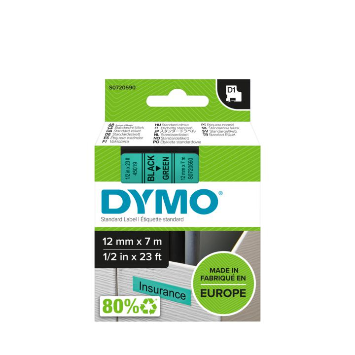 Taśma do drukarki etykiet Dymo D1 12 mm x 7 m zielona taśma/czarny nadruk